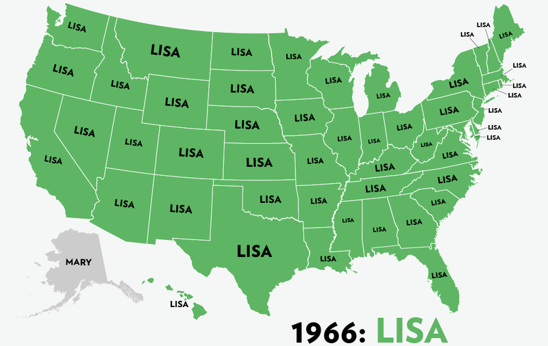 Illustration for article titled Map: Six Decades of the Most Popular Names for Girls, State-by-State